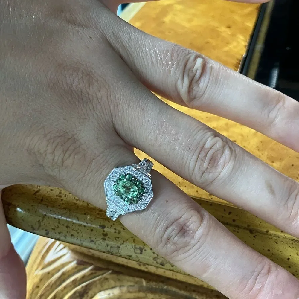 Natural Tsavorite Garnet Moissanite Sterling Silver Ring Size 8